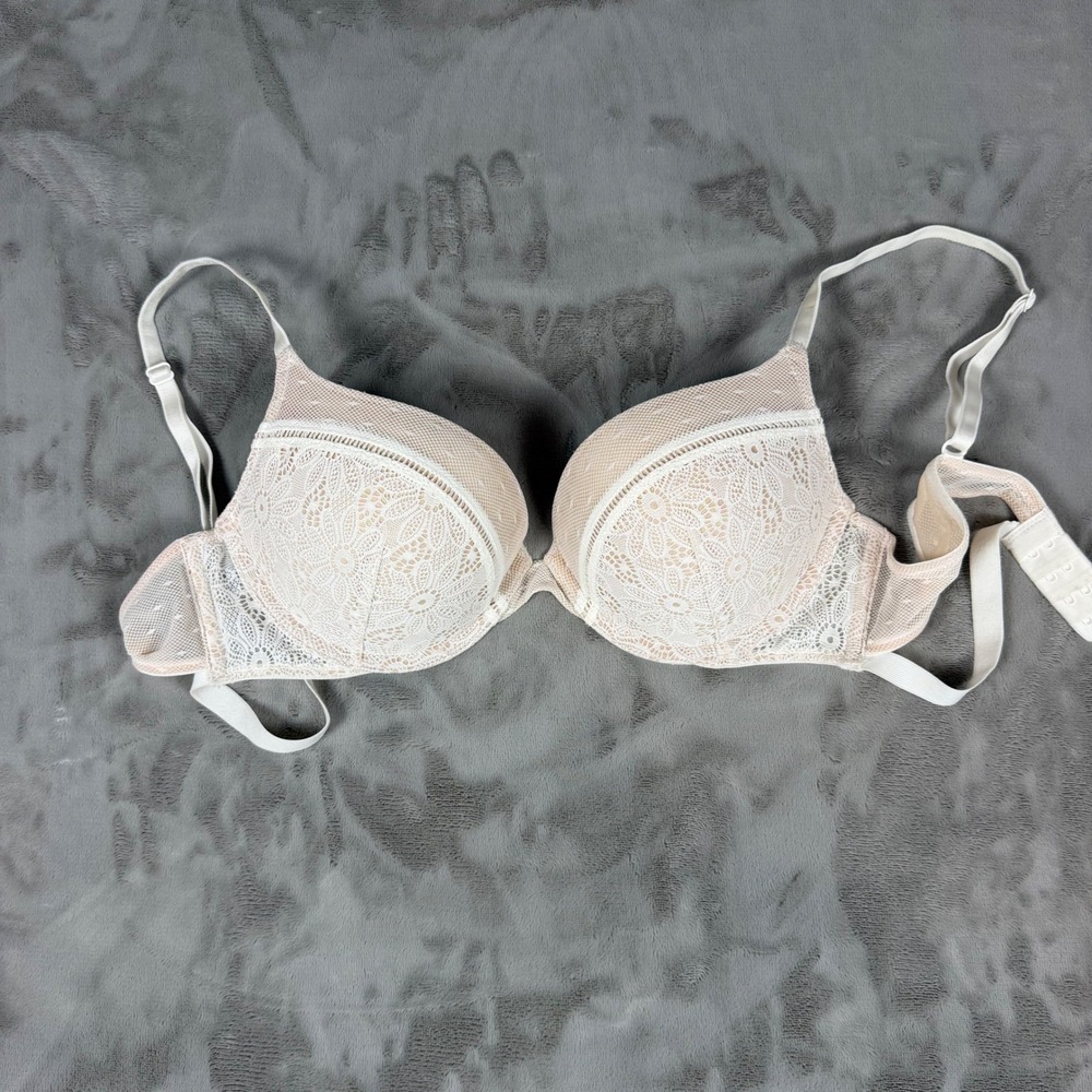 Victoria's Secret Push-Up Bra 36B Beige Cream Floral Lace Underwire Mesh Wings
